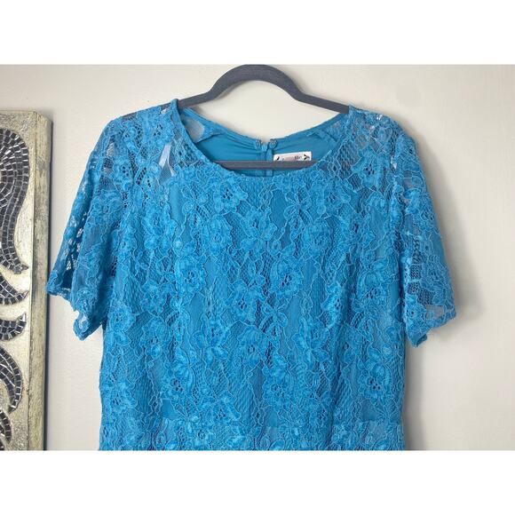 NANETTE LEPORE DRESS 16 BLUE LACE FLORAL SHORT SLEEVE FLOUNCE MIDI FAIRY CHIC - Picture 5 of 9